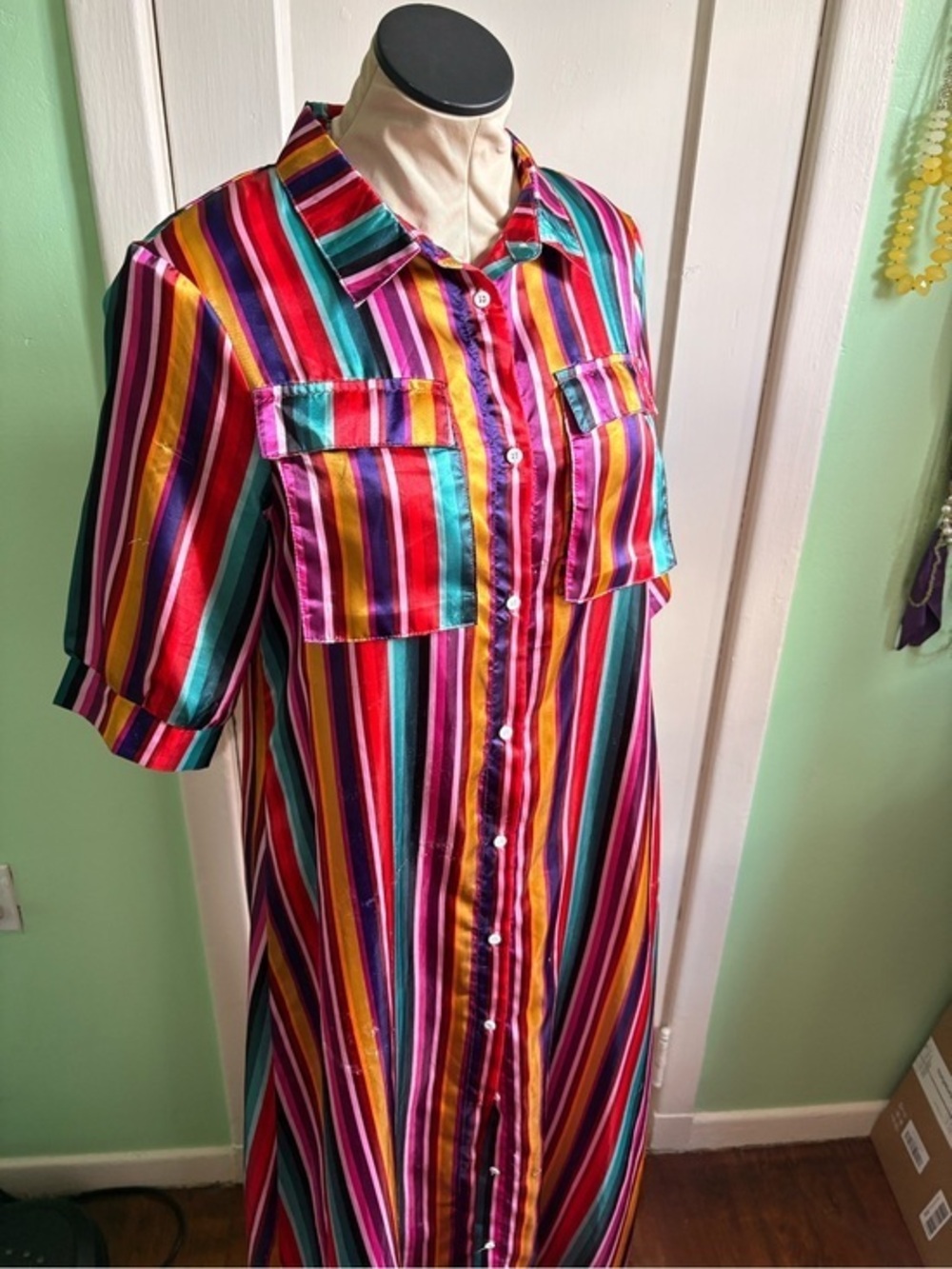 Rainbow Satin Striped Button-Down Dress/Jacket